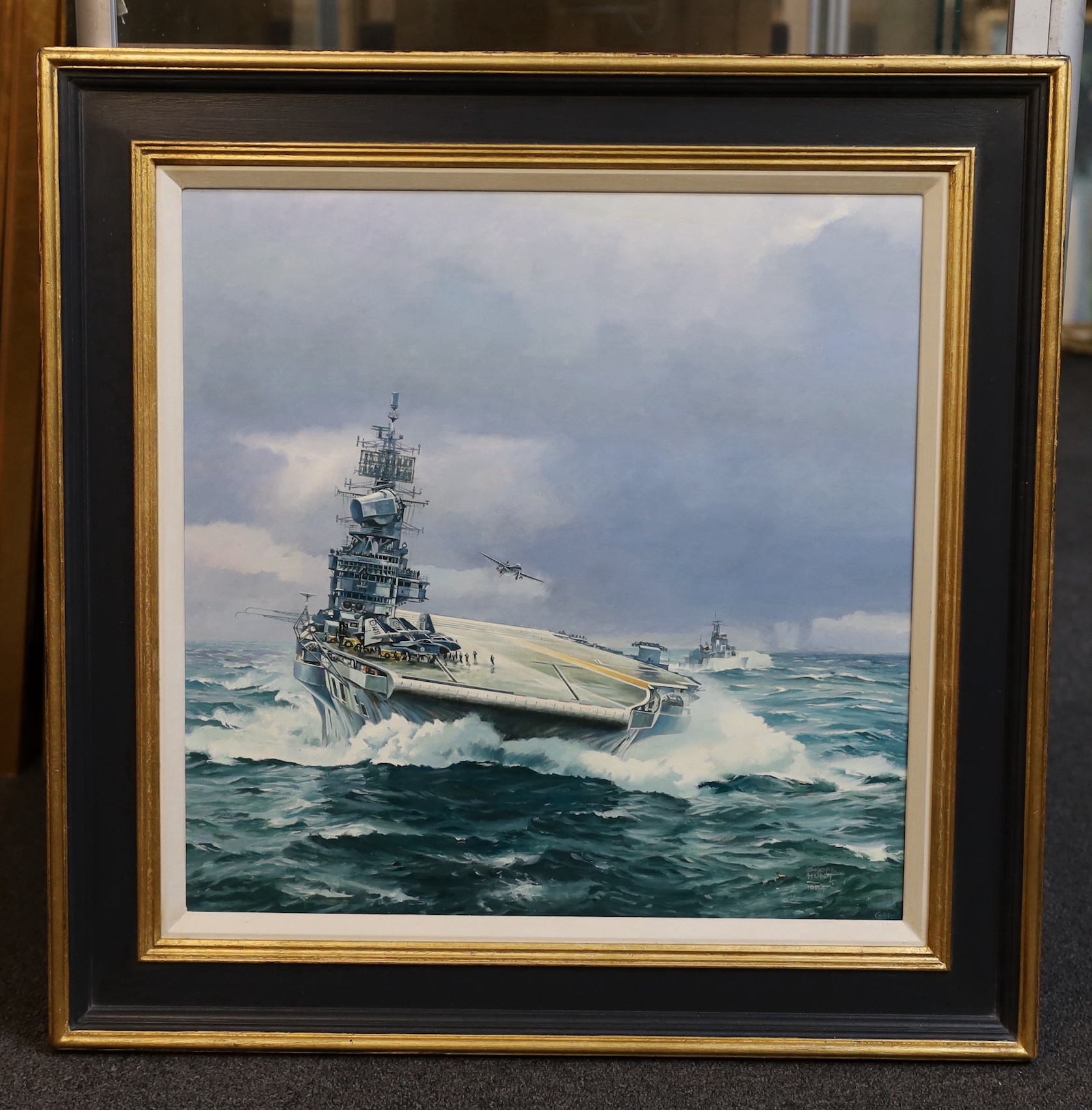 Geoff Hunt PPRSMA (British, 1948-2008), Royal Naval aircraft carrier at sea, oil on canvas board, 44 x 44cm